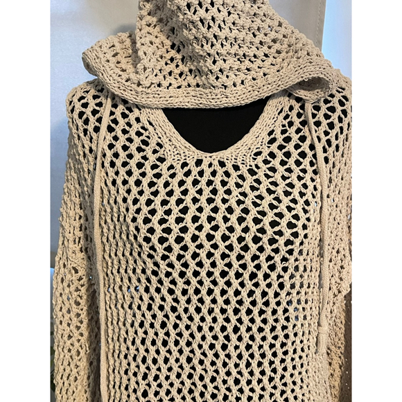 Artelier Nicole Miller Open Knit Hoodie Sweater Cream Boho Beach Cover Up M - Picture 2 of 5